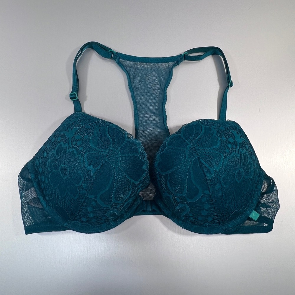 Victorias Secret Teal Lace Push-Up Bra Front Close Racerback 36B pretty floral